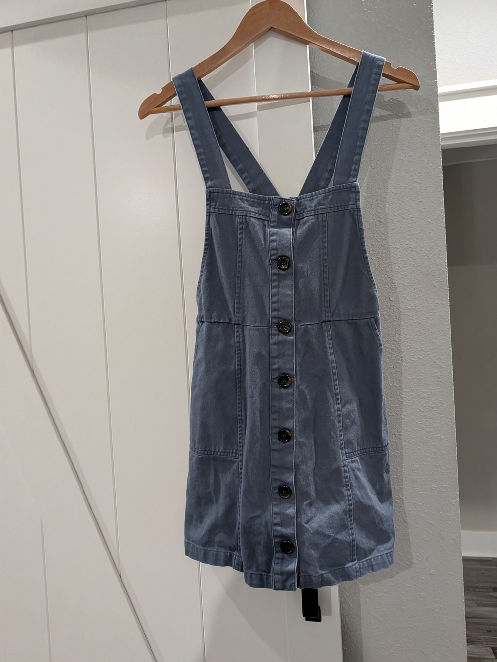 Honey Belle Slate Blue Button-Front Pinafore Mini Dress